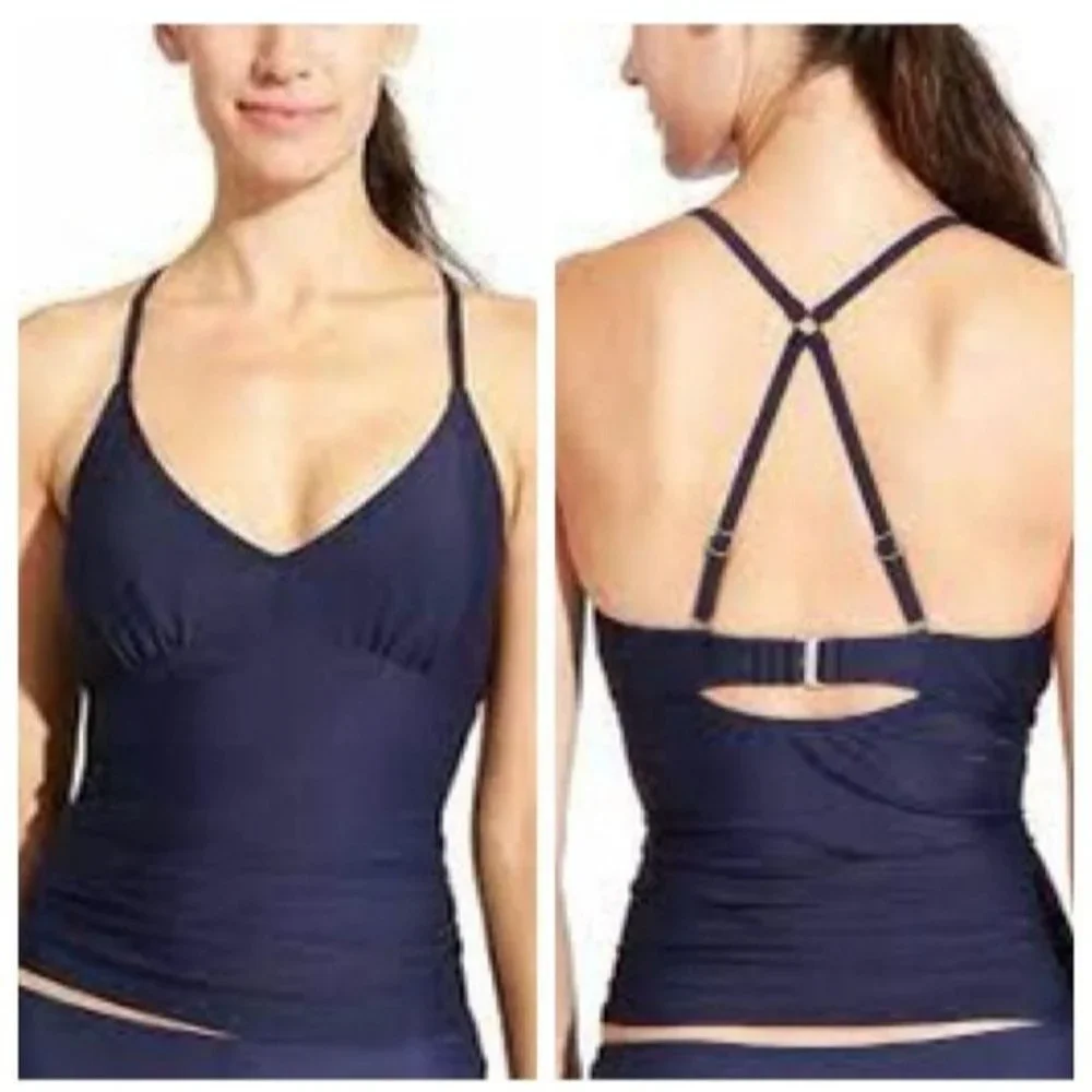 NEW Athleta tankini top Cross Back navy blue racerback swimsuit 36 B C women - Picture 1 of 10